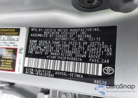 2015 Toyota Camry Le из США, поврежденный, VIN 4T4BF1FK3FR488014